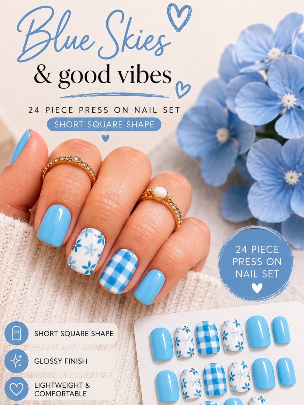 💙 Blue Skies & Blossoms Press-On Nails | Short Square | 24-Piece Nail Set